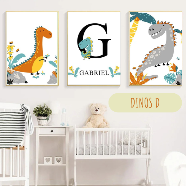 Ensemble de 3 affiches dinosaures personnalisables pour une déco murale unique dans une chambre d'enfant.