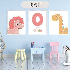 Lot de 3 affiches dinosaures personnalisées avec prénom, parfait pour une déco de chambre bébé ou enfant, imprimé sur coton canvas.