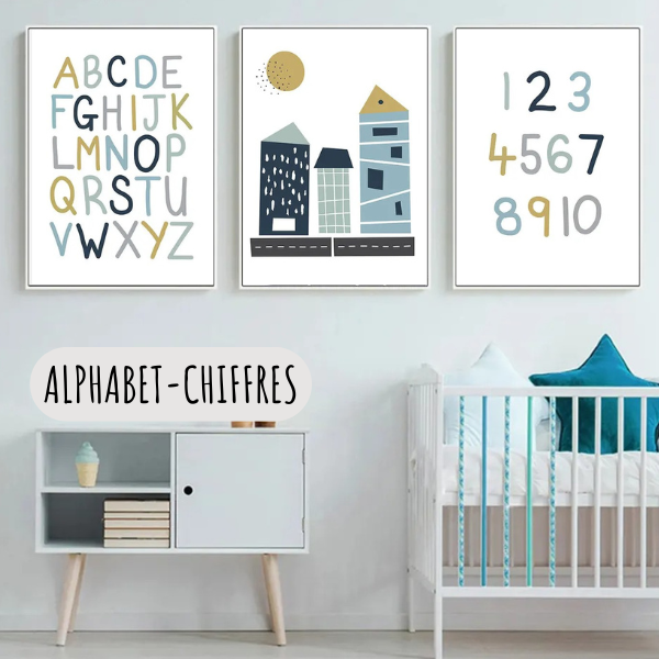 Affiches éducatives alphabet et chiffres avec illustrations de ville pour chambre bébé ou enfant