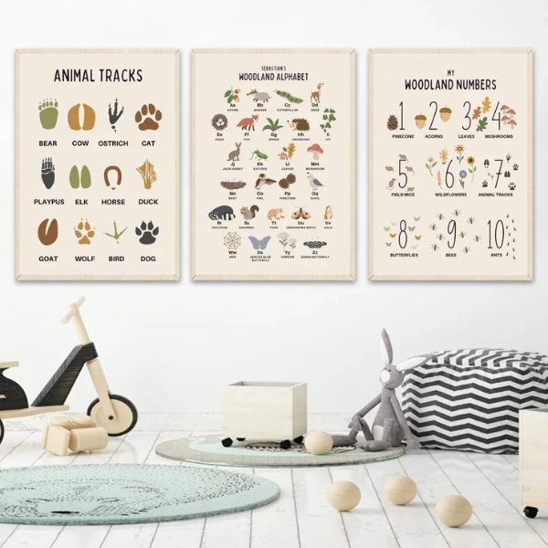 Trois affiches éducatives avec traces d’animaux, chiffres et alphabet pour décoration de chambre d’enfant