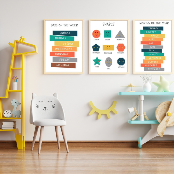 Décoration murale éducative avec jours de la semaine, formes et mois de l’année en anglais