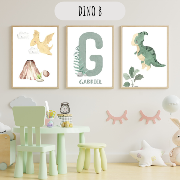 Affiches personnalisées dinosaures en vert sauge, parfaites pour une décoration murale chambre bébé ou enfant. Impression sur toile coton canvas pour un rendu premium et résistant.