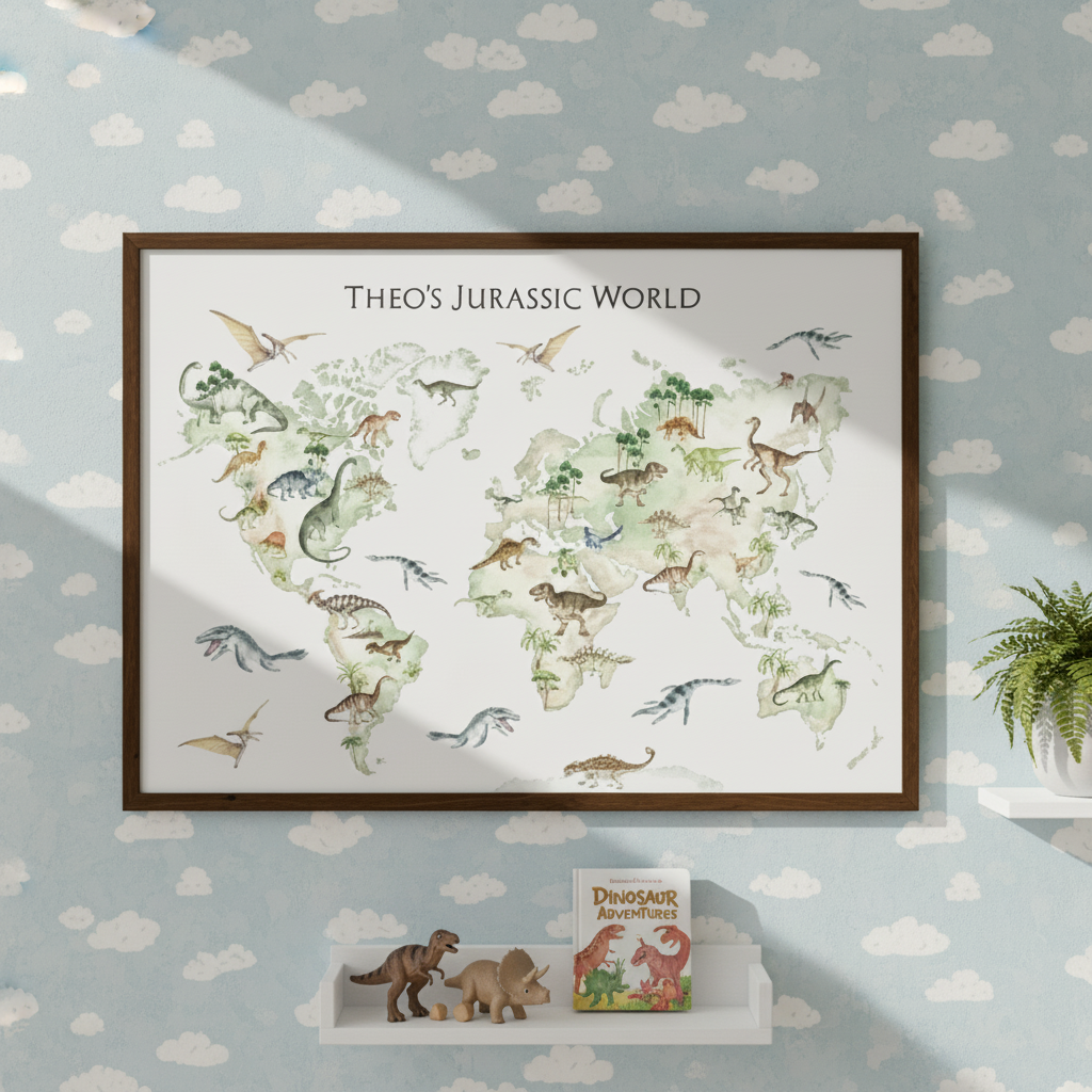 Affiche murale enfant représentant une carte du monde illustrée avec des dinosaures, idéale pour une décoration de chambre d’enfant sur le thème des dinosaures et de l’aventure