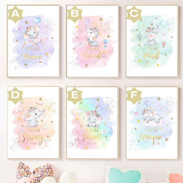 Collection d’affiches enfant avec éléphant et messages positifs classés par lettres de l’alphabet