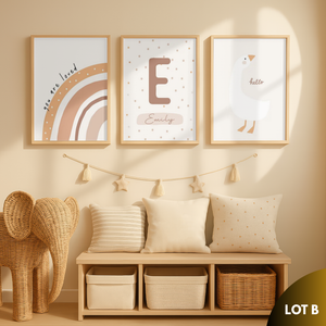 Composition d’affiches bohème terracotta pour chambre bébé incluant arc en ciel oie et alphabet décoratif