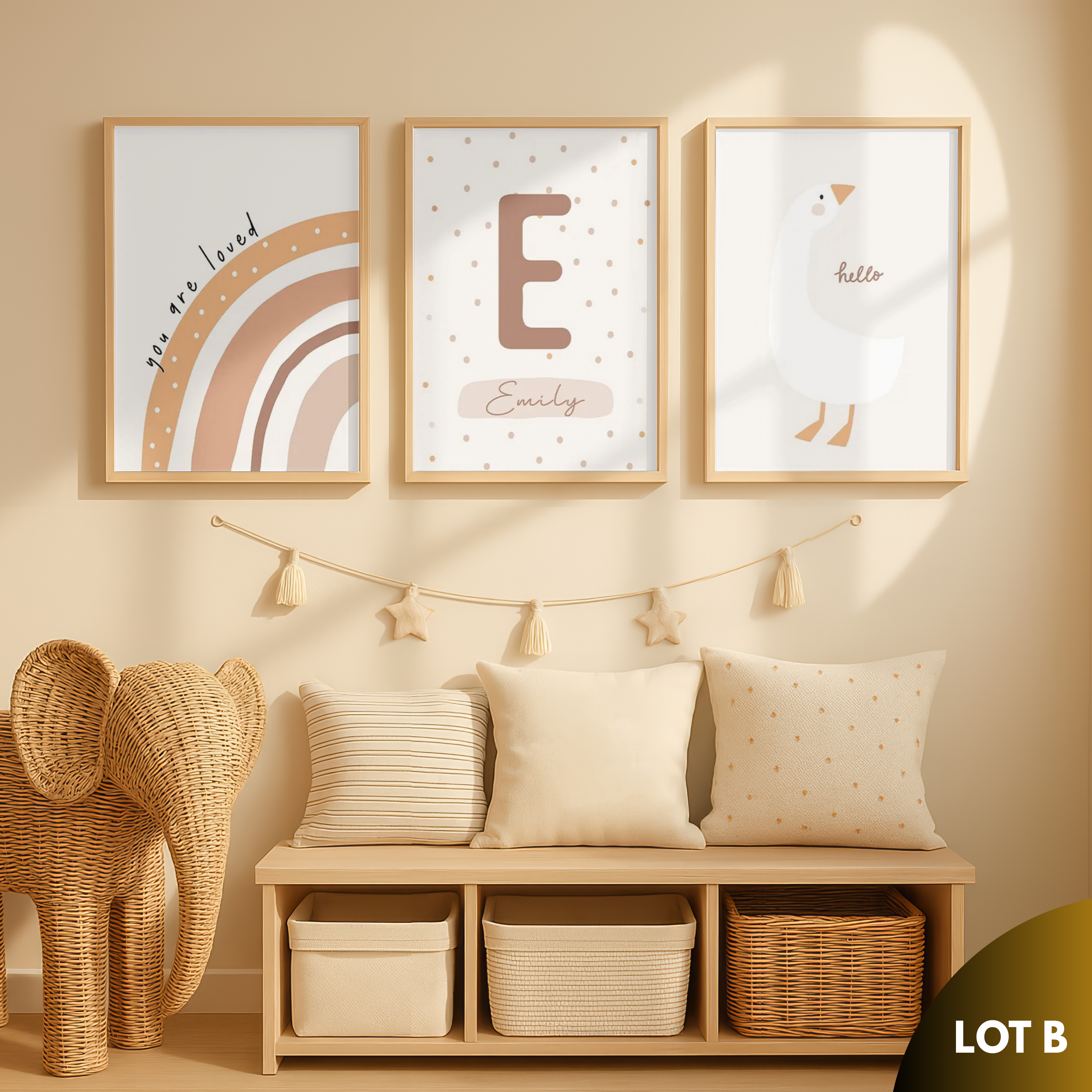 Composition d’affiches bohème terracotta pour chambre bébé incluant arc en ciel oie et alphabet décoratif