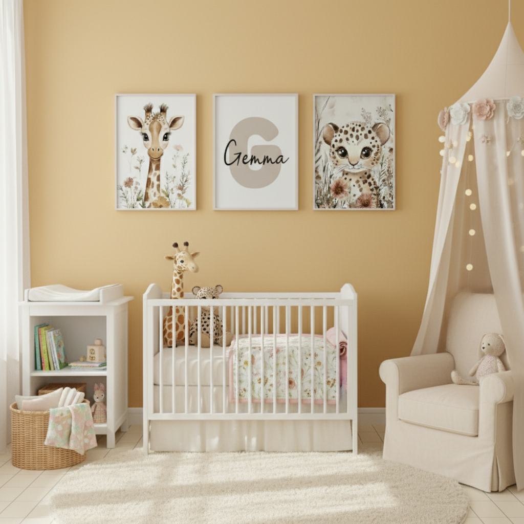 Décoration murale safari dans une chambre bébé avec affiches girafe et léopard, couleurs naturelles, style doux et intemporel.