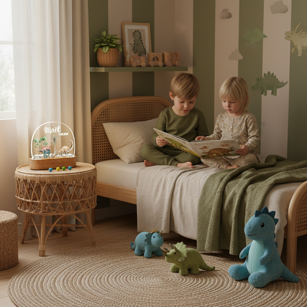 Enfant lisant près d’une décoration lumineuse dinosaure sur table de chevet