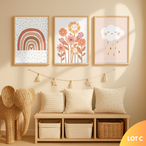 Décoration murale chambre bébé avec affiches soleil et fleurs ton chaud