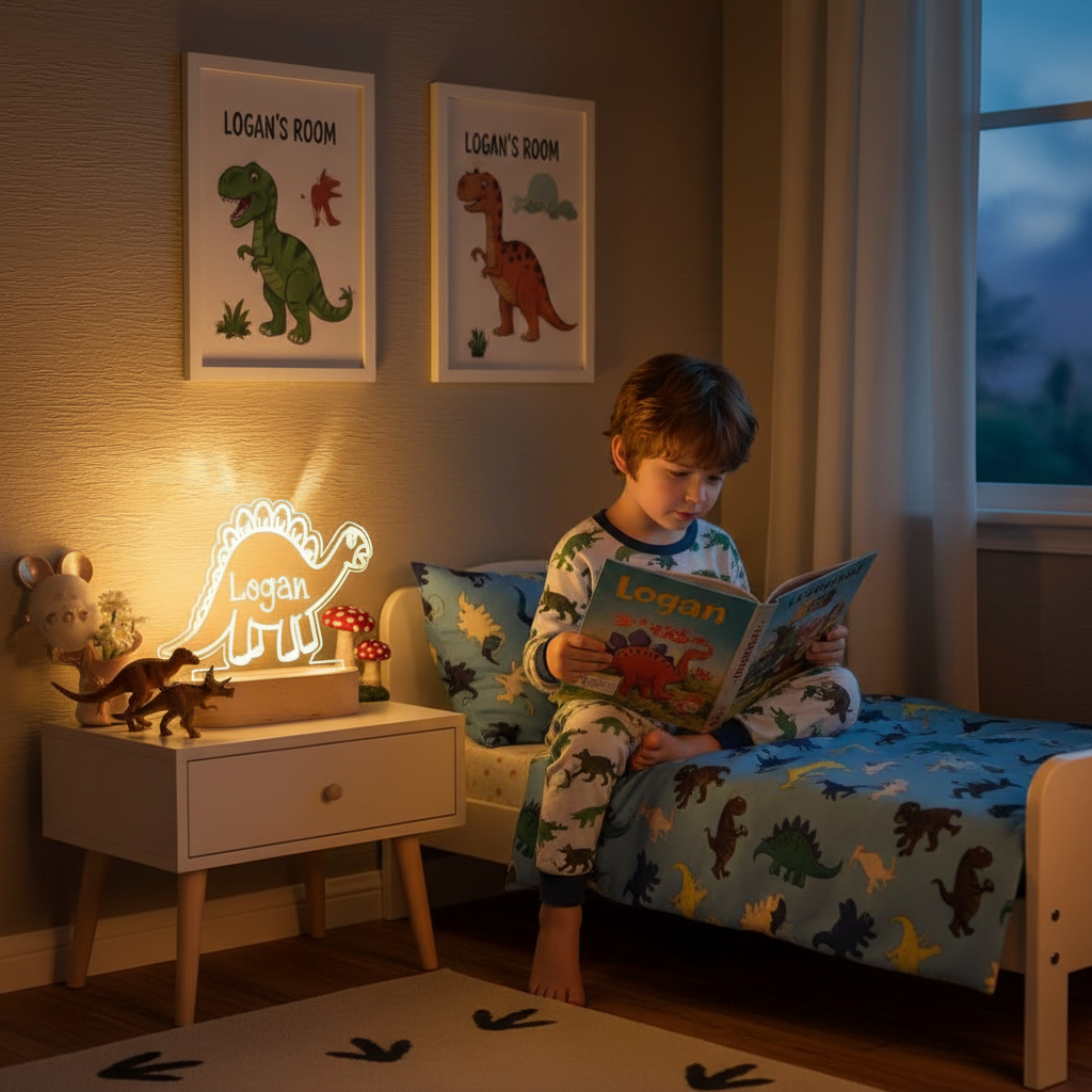 Veilleuse dinosaure LED allumée sur une table de chevet dans une chambre d’enfant, créant une ambiance apaisante pour la lecture.