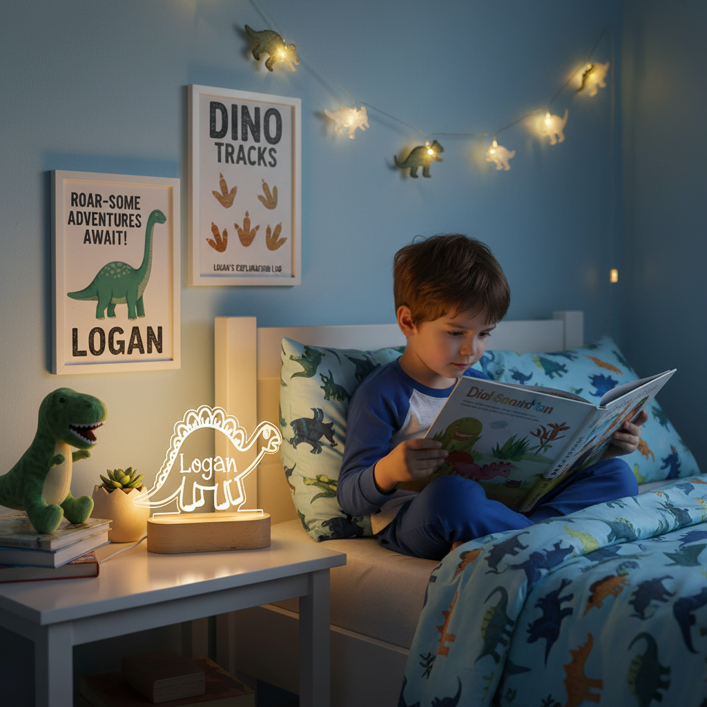 Enfant en pyjama lisant un livre, accompagné d’une veilleuse dinosaure lumineuse dans une chambre décorée sur le thème des dinosaures.