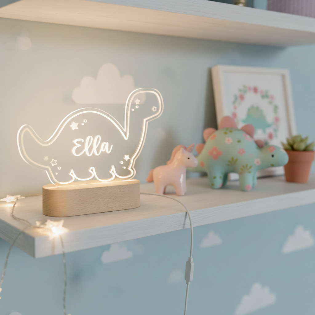 Lampe dinosaure lumineuse posée sur une étagère dans une chambre d’enfant