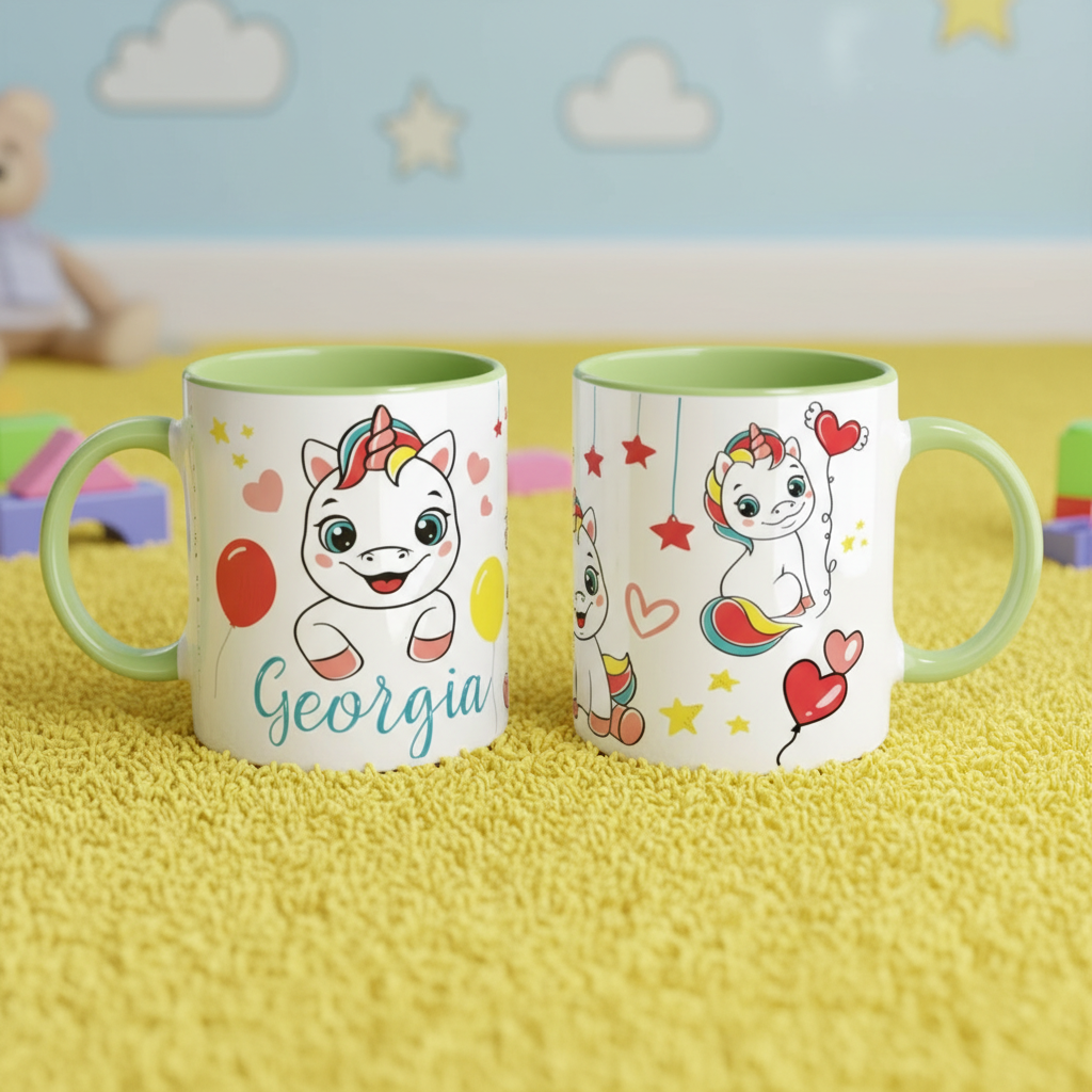 Deux mugs enfant licorne personnalisés présentés côte à côte, idée cadeau enfant originale