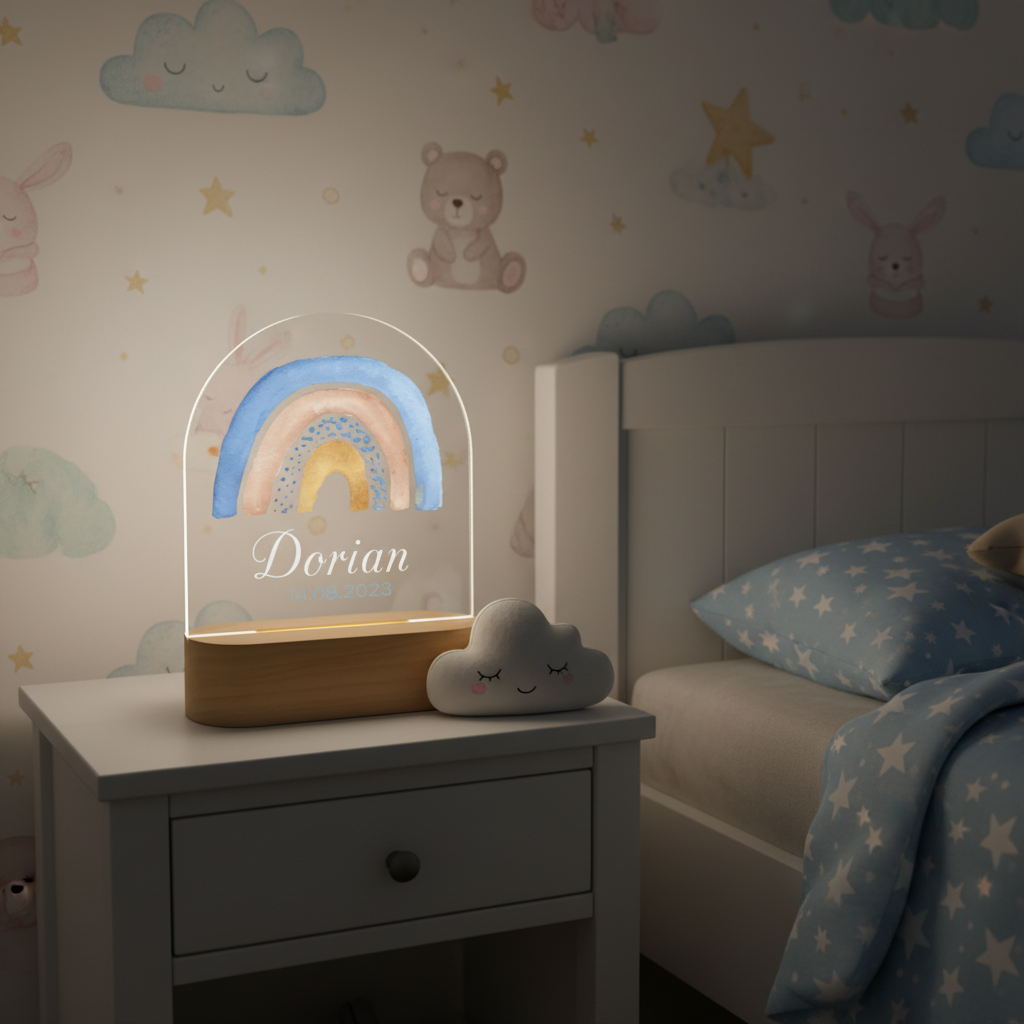 veilleuse arc-en-ciel en bois diffusant une lumière douce dans une chambre d’enfant