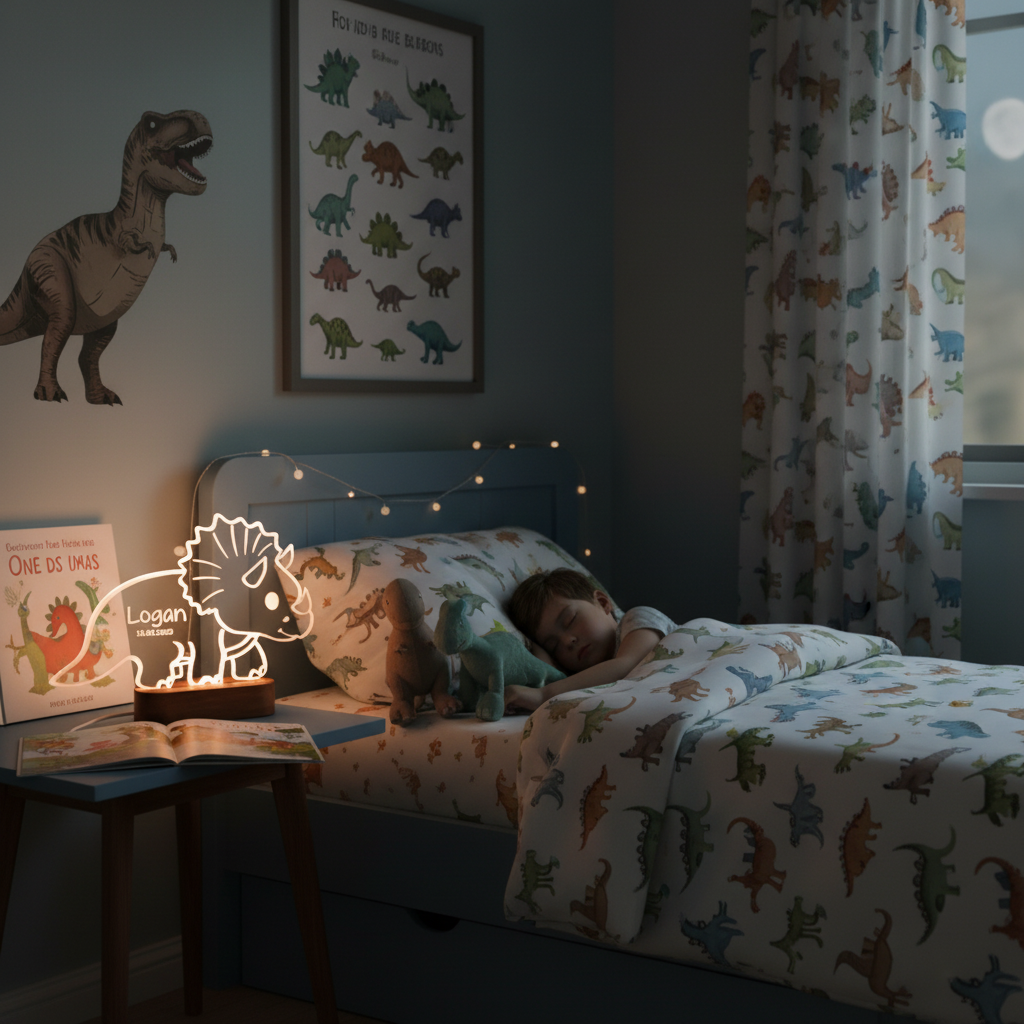 Veilleuse bébé tricératops posée sur une table de nuit dans une chambre décorée dinosaures.