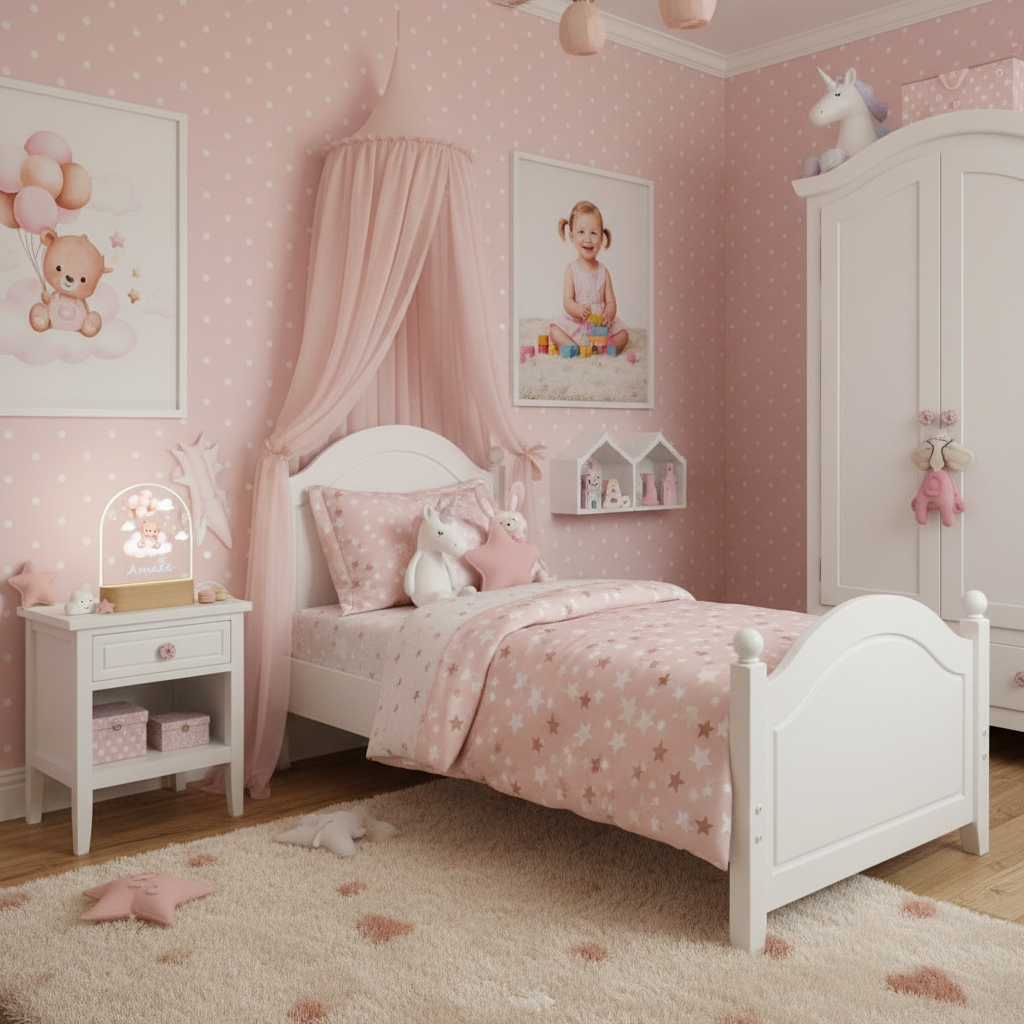 Veilleuse ourson illuminée dans une grande chambre d’enfant rose décorée de peluches et d’étoiles.