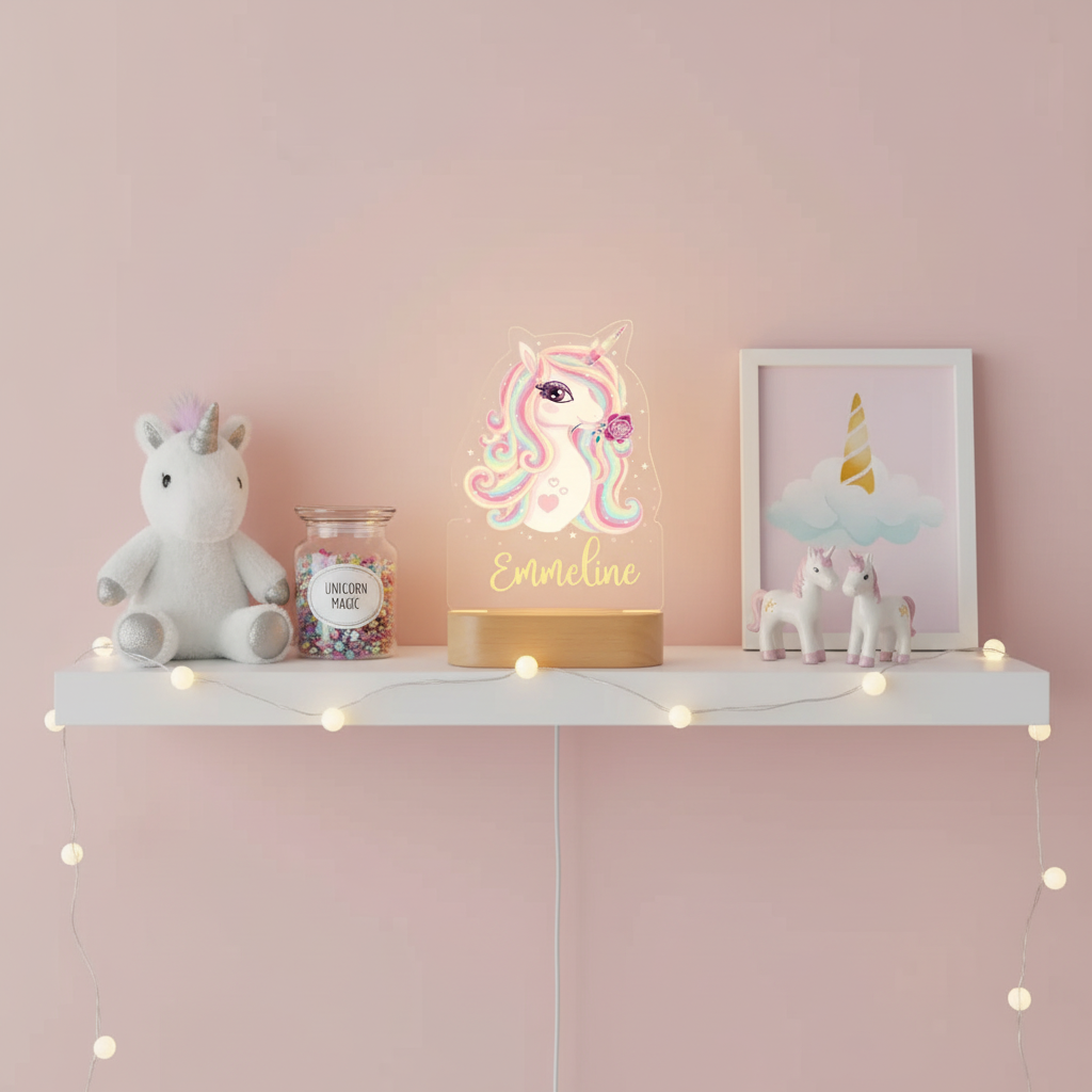 lampe de nuit licorne personnalisable sur étagère décorative dans une chambre d’enfant aux motifs arc-en-ciel