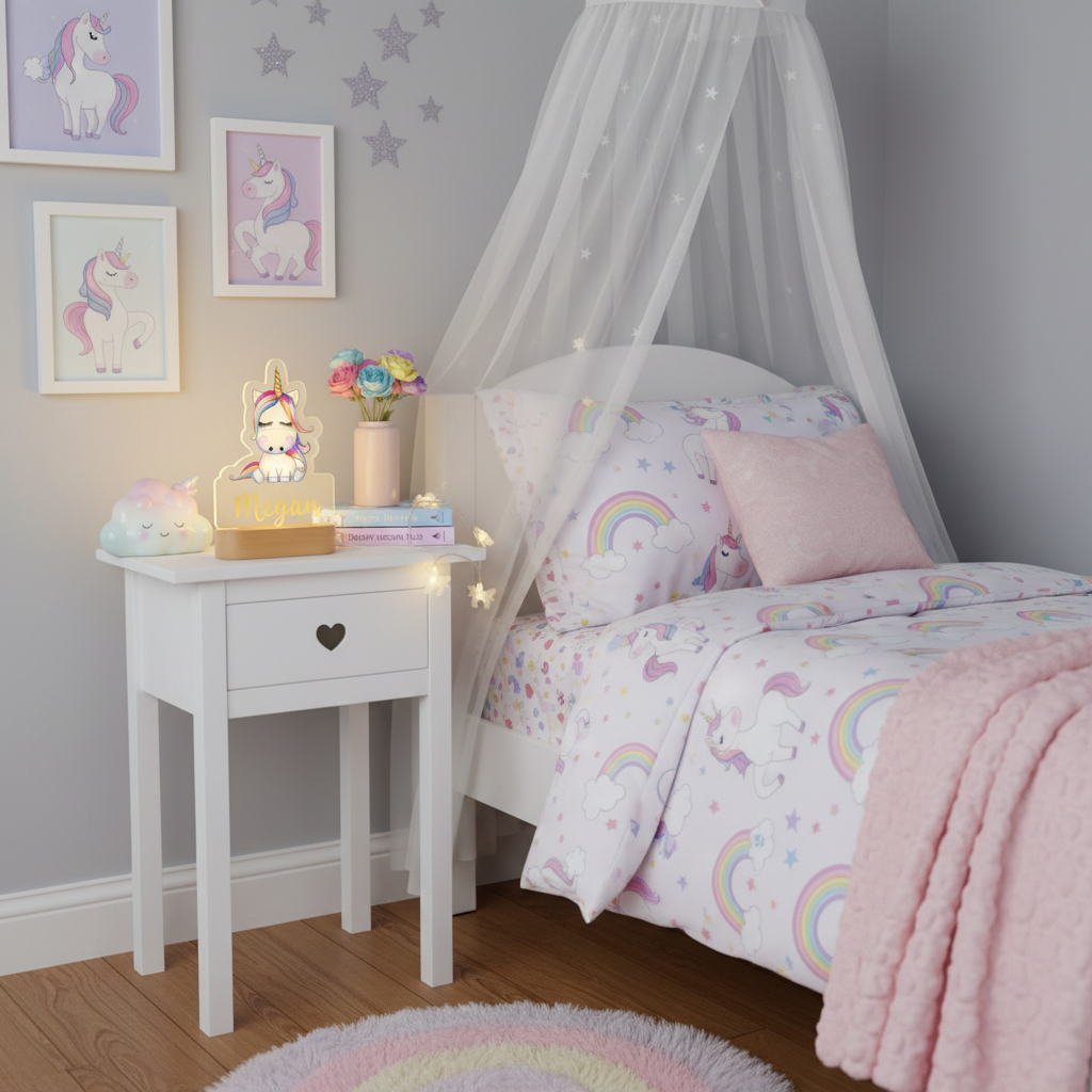 Lampe de chevet enfant en forme de licorne apportant une touche magique et rassurante à la décoration de la chambre