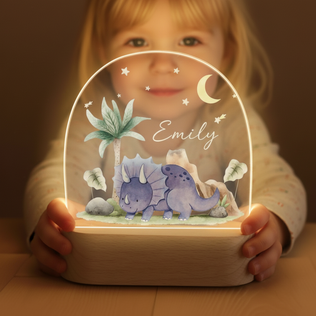 Veilleuse dinosaure éclairée posée sur une table, tenue par un enfant.