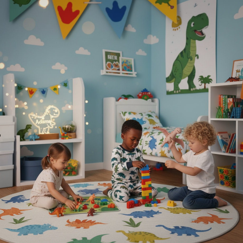 lampe dinosaure éclairée sur une étagère dans une chambre d’enfant