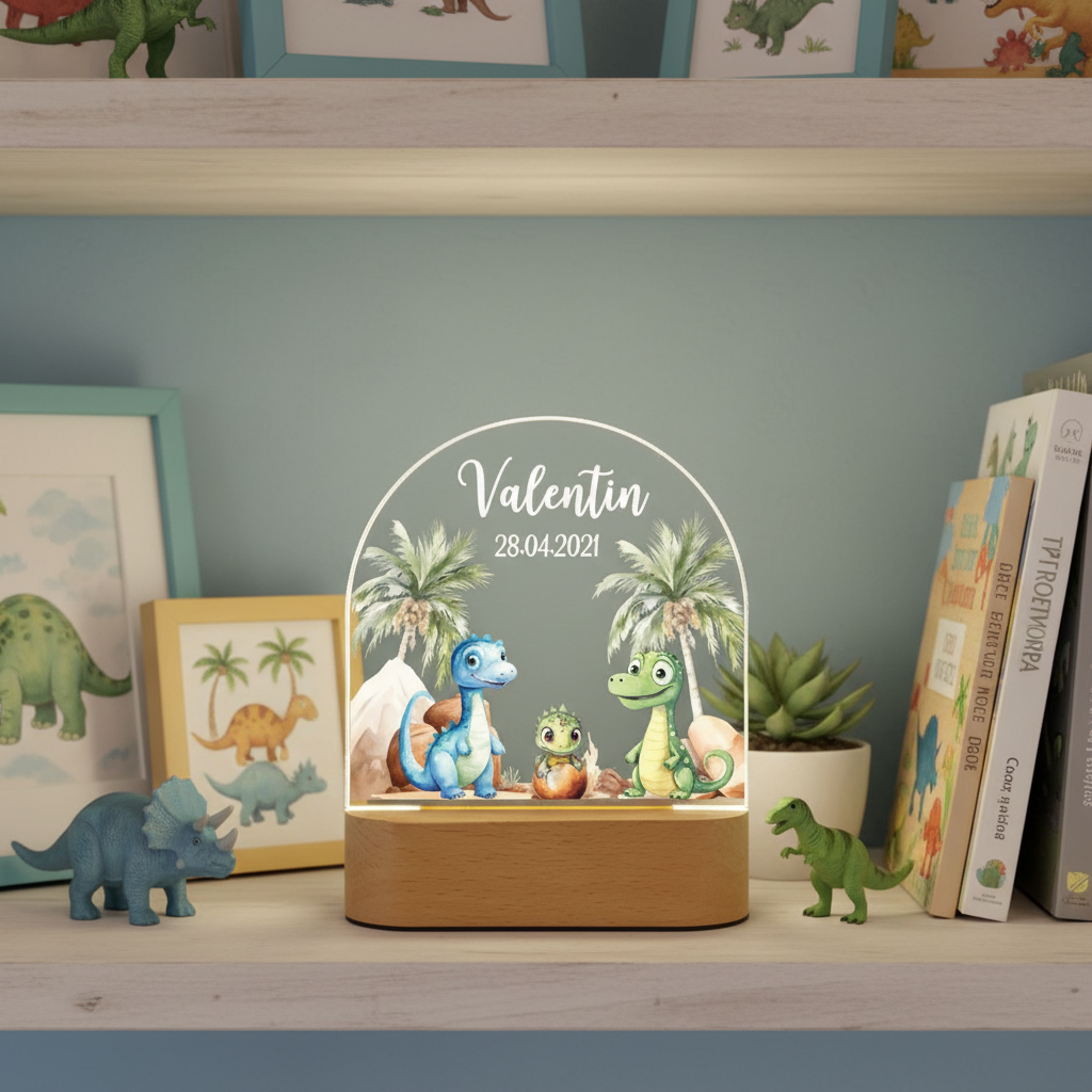 Lampe dinosaure avec illustration préhistorique posée sur étagère