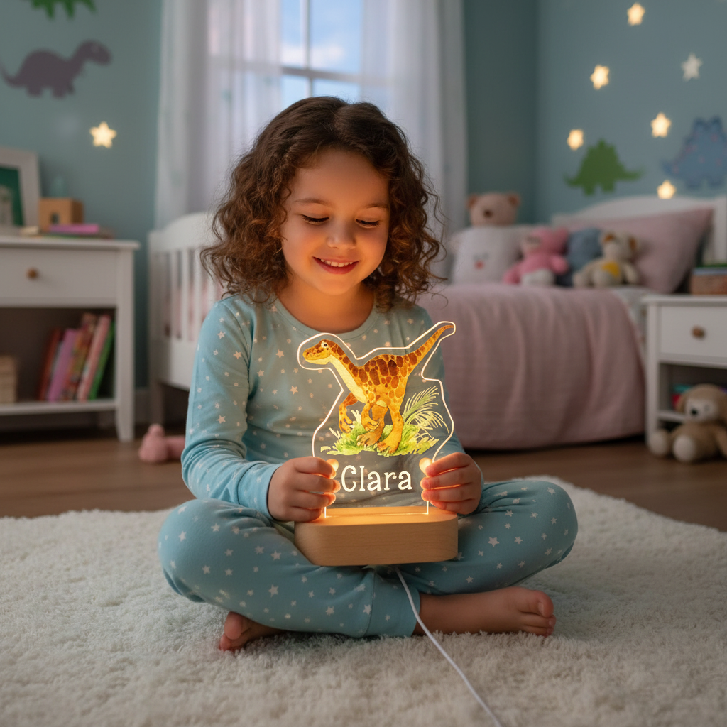 Enfant tenant une veilleuse dinosaure LED dans une chambre décorée avec des motifs étoilés et dinosaures.