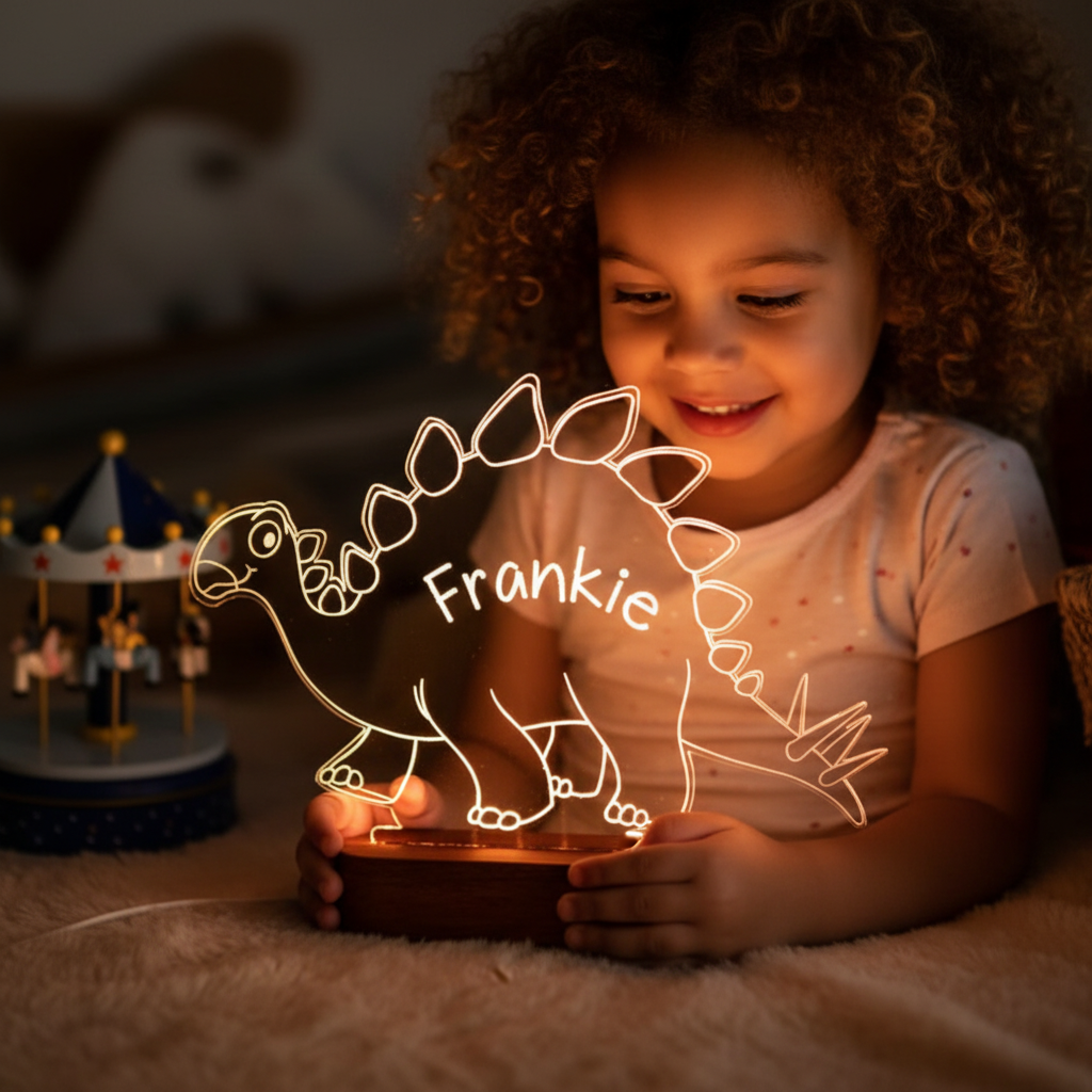 Enfant regardant une lampe veilleuse dinosaure lumineuse dans une ambiance douce du soir.