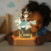 Lampe LED licorne sirène pour enfant avec socle en bois naturel