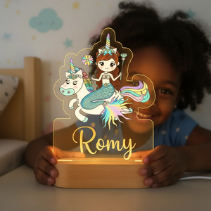 Lampe LED licorne sirène pour enfant avec socle en bois naturel