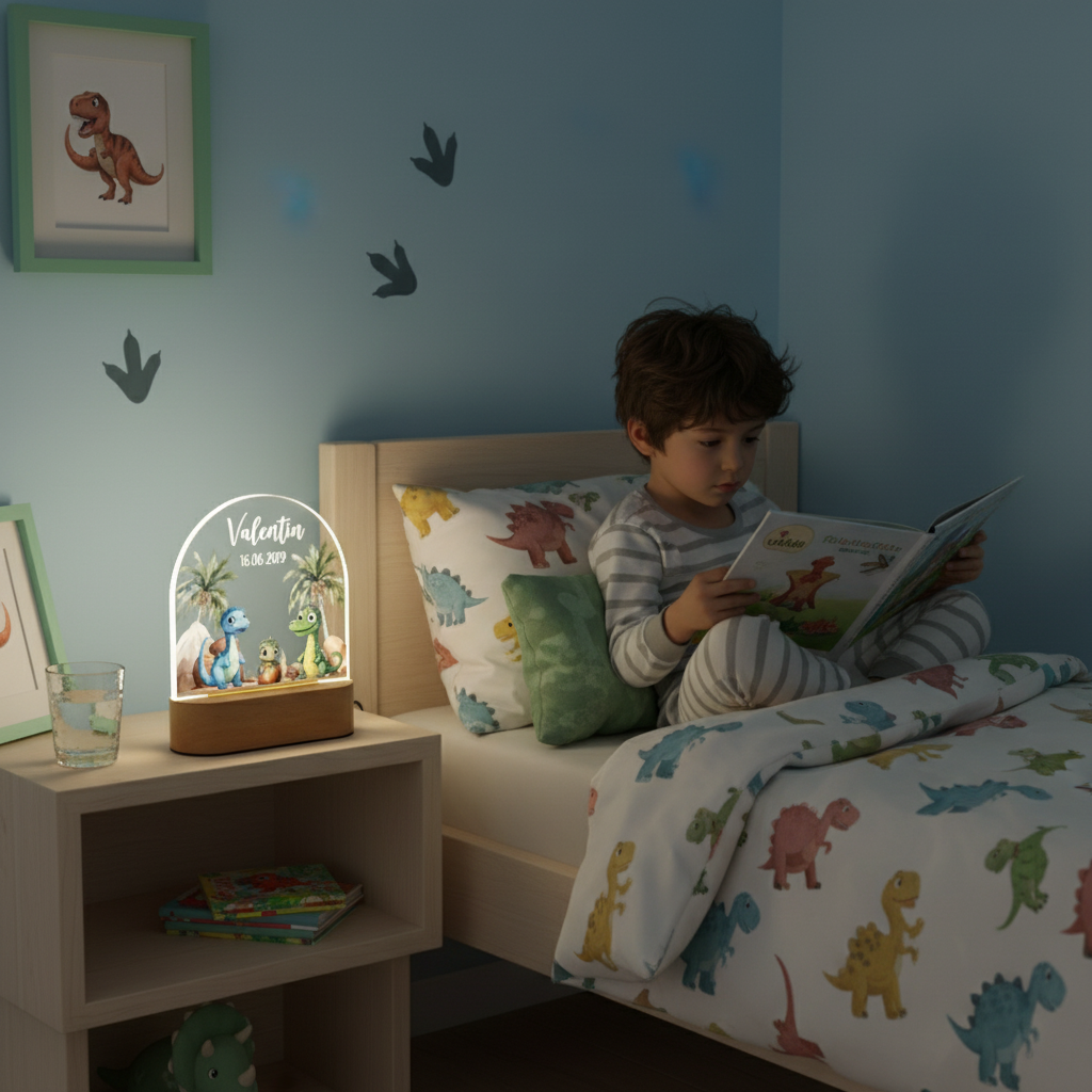 Enfant lisant près d’une lampe dinosaure LED dans une chambre décorée