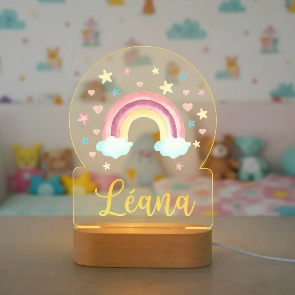 Veilleuse LED enfant arc en ciel personnalisable diffusant une lumière douce et chaleureuse