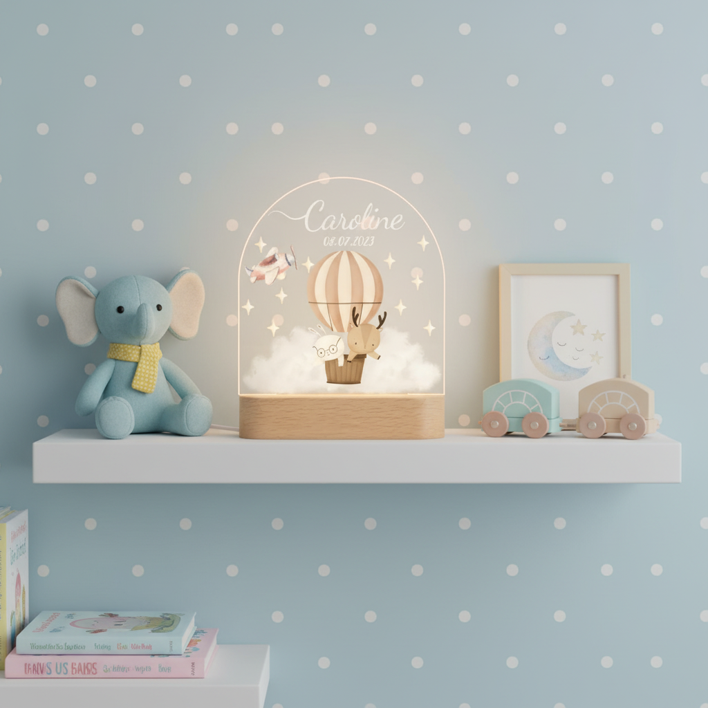 Lampe montgolfière posée sur une étagère dans une chambre d’enfant décorée