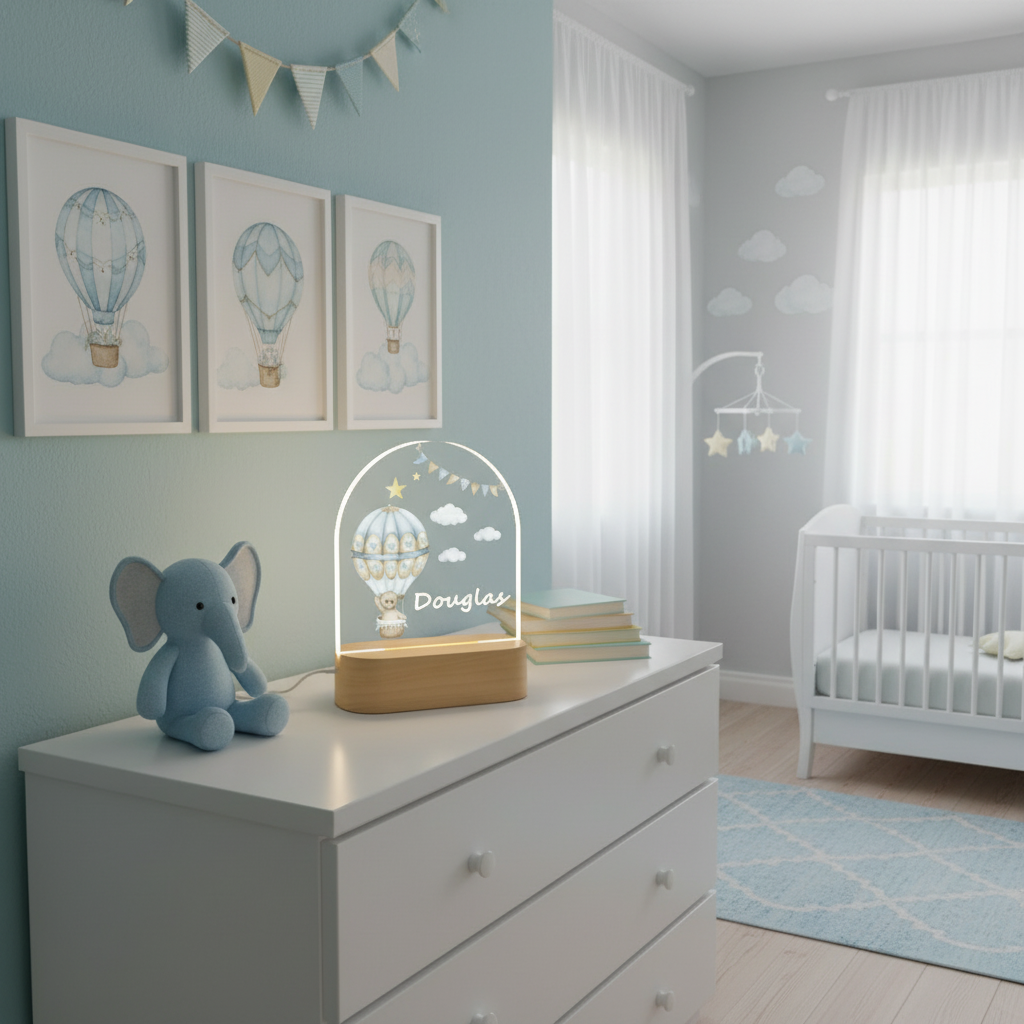 Lampe montgolfière personnalisée avec ours posée sur une commode de chambre bébé