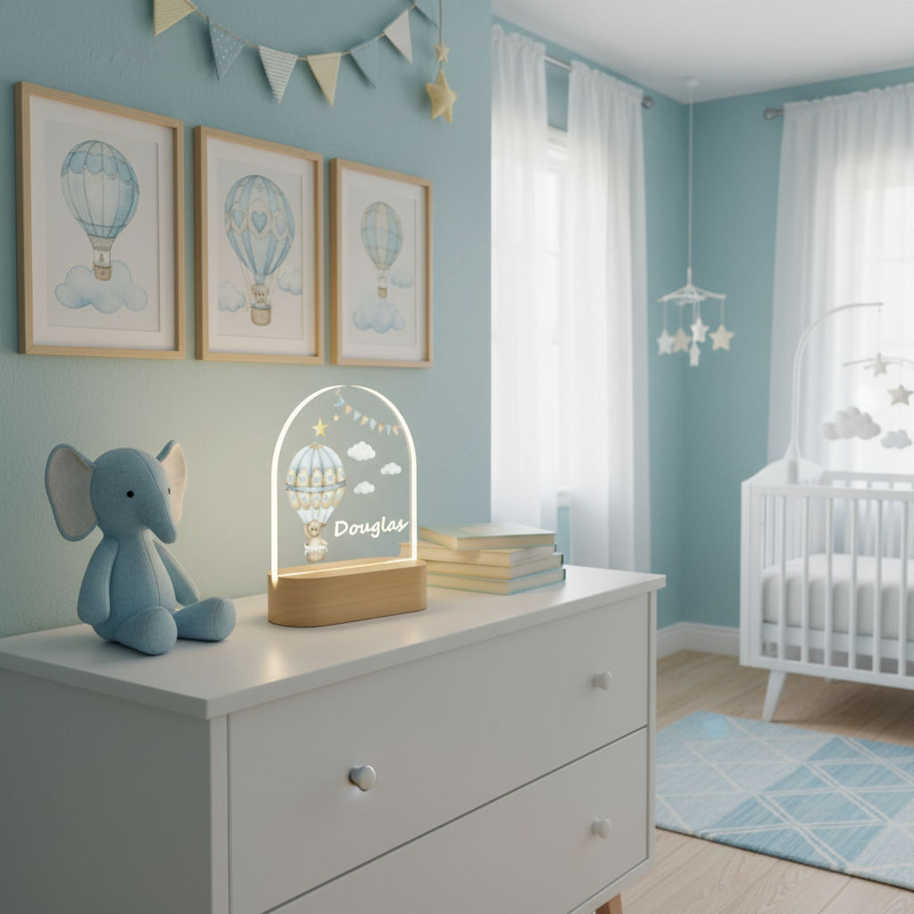 Lampe montgolfière personnalisée avec ours, base en bois et éclairage LED