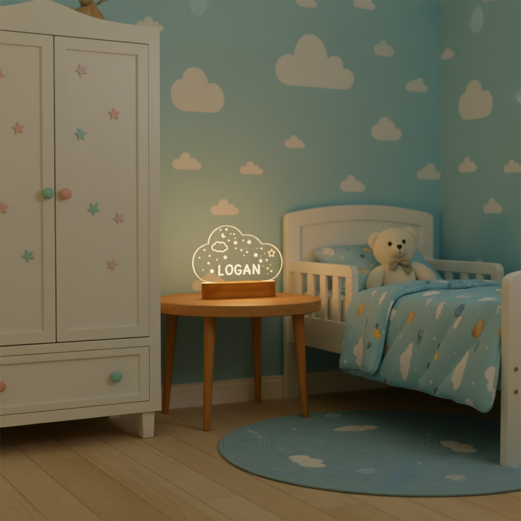 Lampe nuage enfant allumée sur une table de nuit