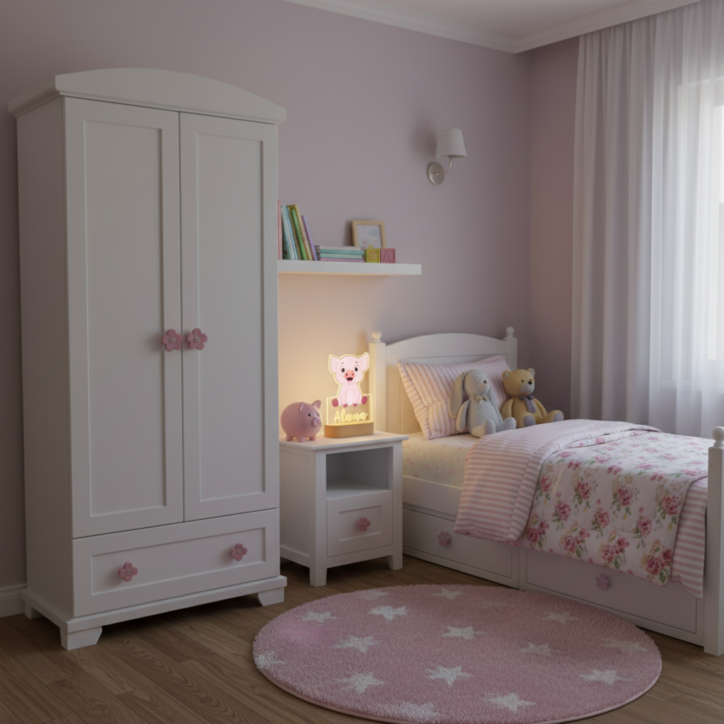 Lampe de nuit en forme de cochon LED posée sur une table de chevet enfant