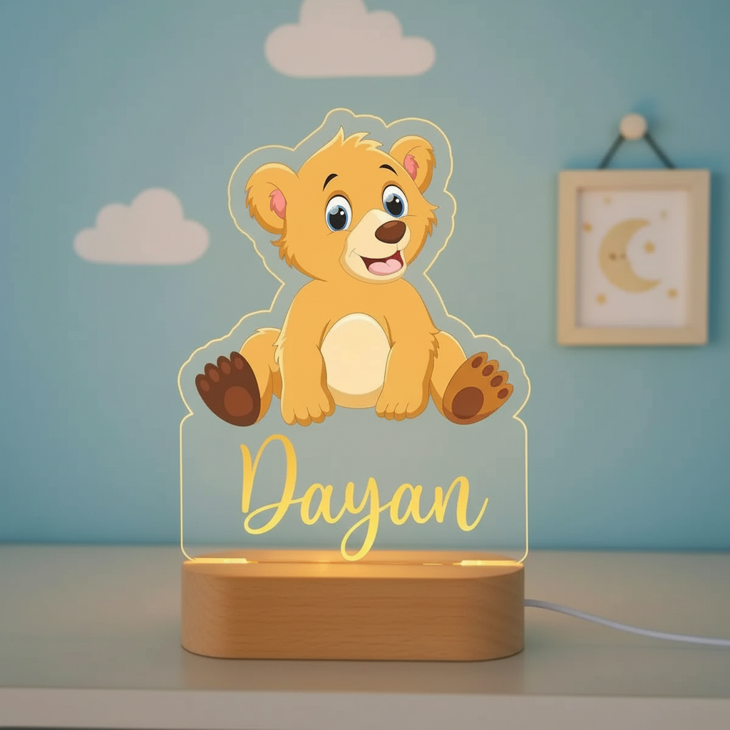 Lampe veilleuse ourson en bois et acrylique pour enfant