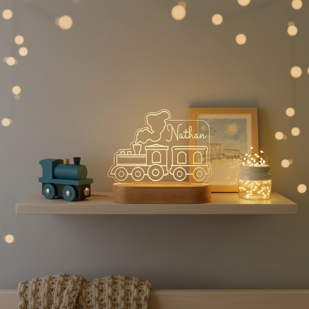 Lampe veilleuse train personnalisée allumée créant une ambiance douce de nuit