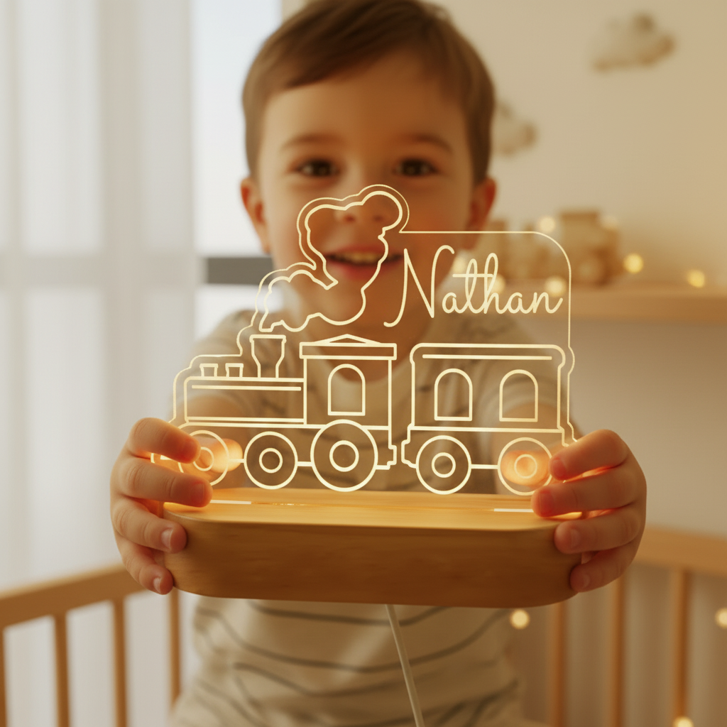Enfant tenant une lampe train personnalisée avec éclairage LED doux