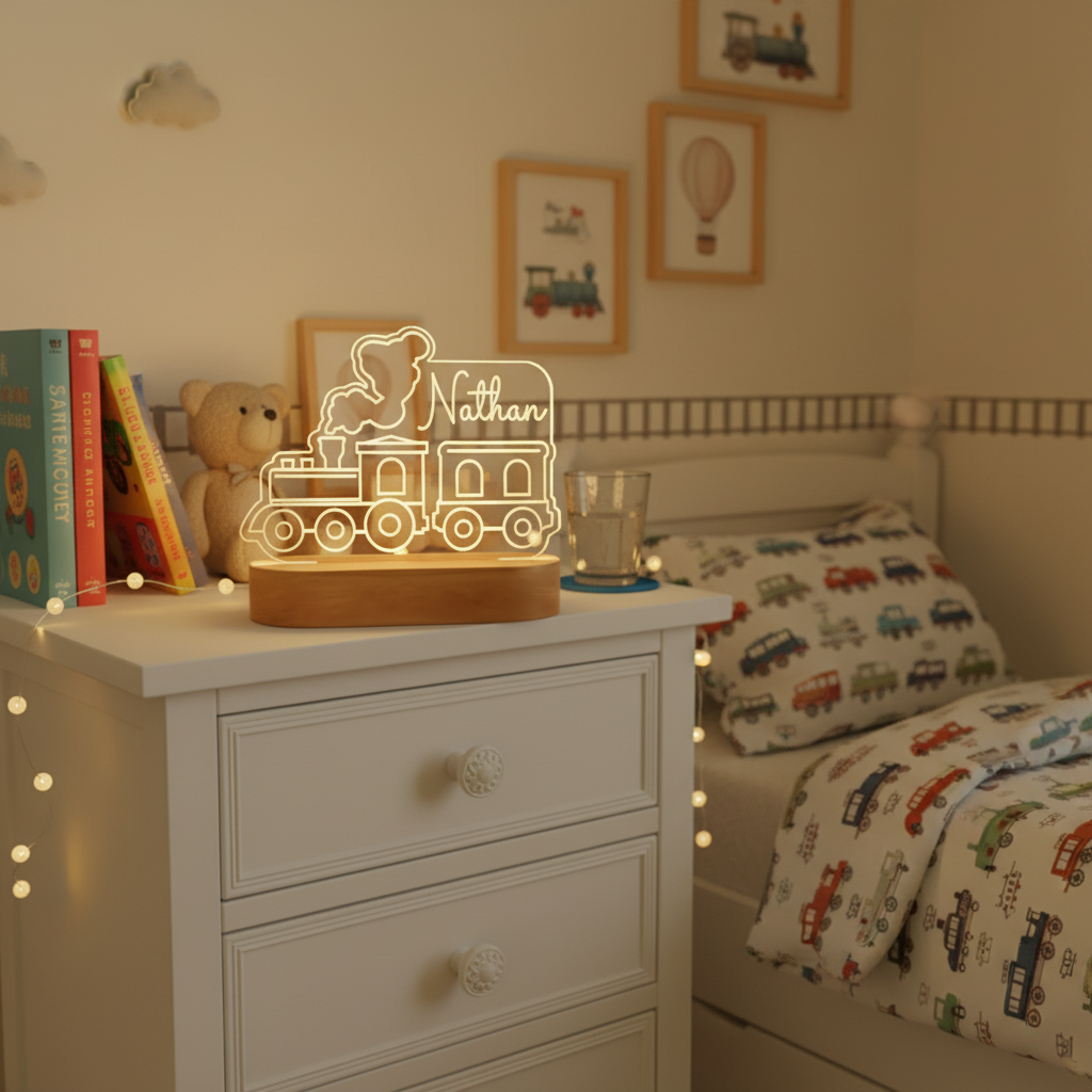 Lampe train personnalisée placée sur une table de chevet dans une chambre