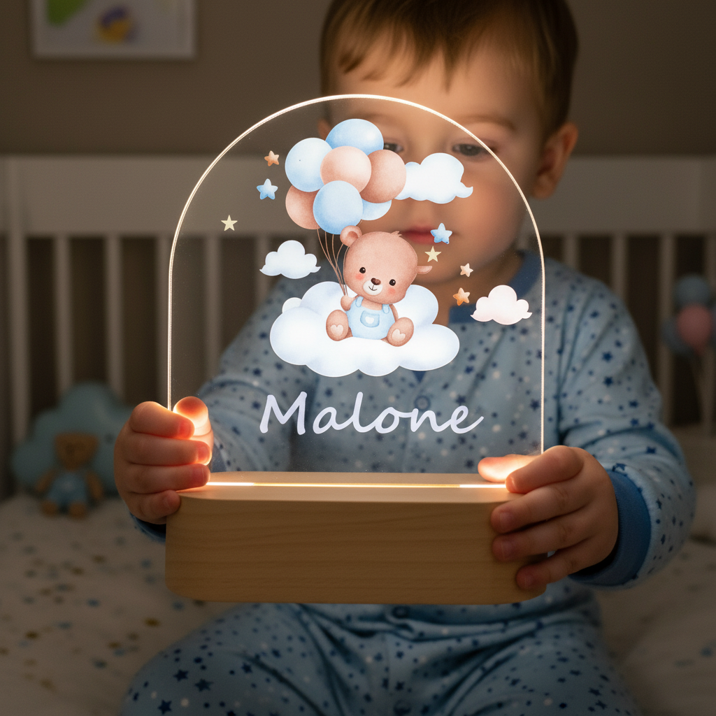 Enfant tenant une lampe veilleuse personnalisée avec ours sur nuage et ballons, éclairage doux pour chambre bébé