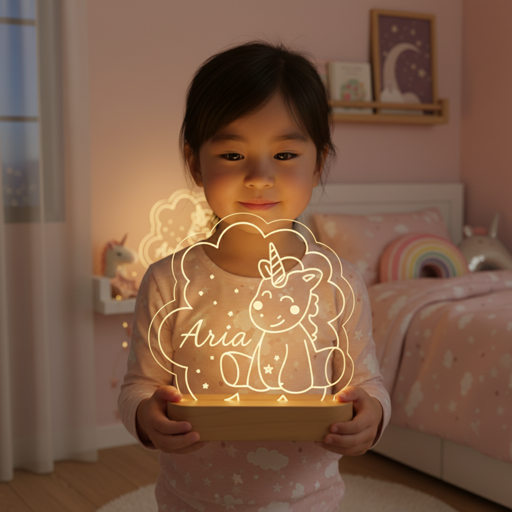 Veilleuse licorne personnalisée posée sur un socle en bois, tenue par un enfant dans une chambre douce