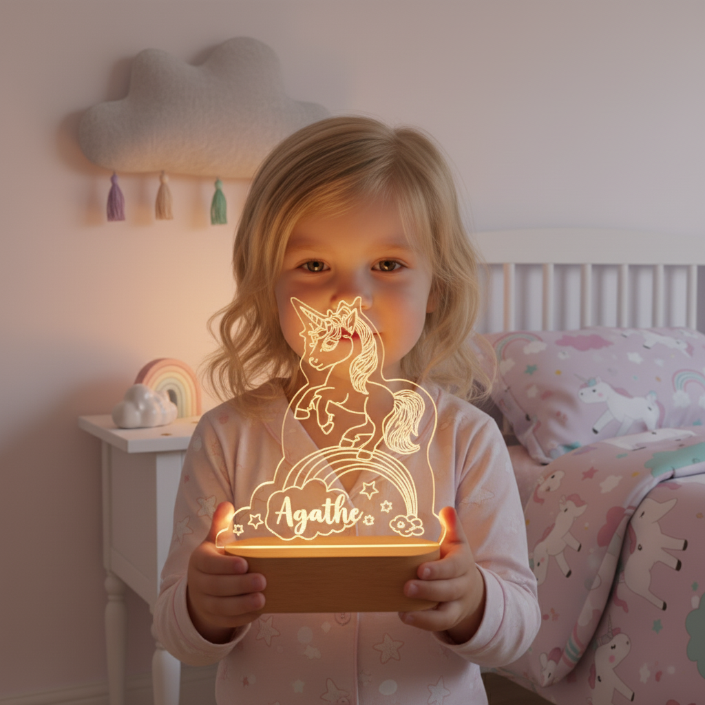 Lampe veilleuse licorne personnalisable posée dans une chambre d’enfant, idéale pour créer une ambiance rassurante au coucher.