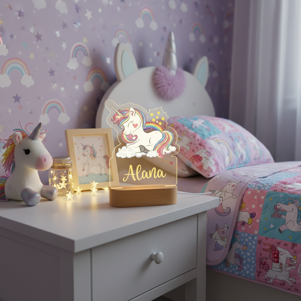 lampe veilleuse licorne personnalisable avec éclairage LED douce posée sur une table de chevet dans une chambre enfant
