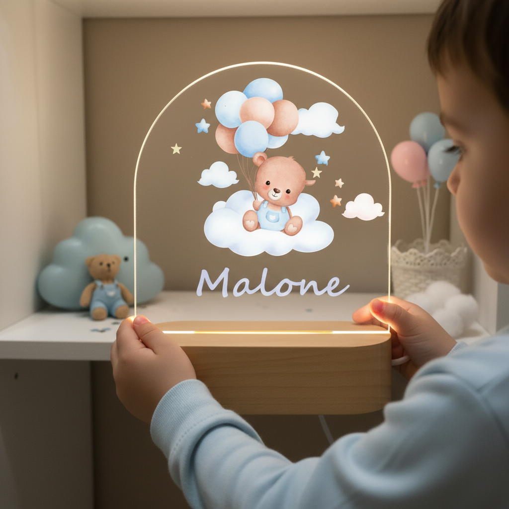 Lampe veilleuse personnalisée ours et nuage mise en scène sur une étagère murale dans une chambre enfant