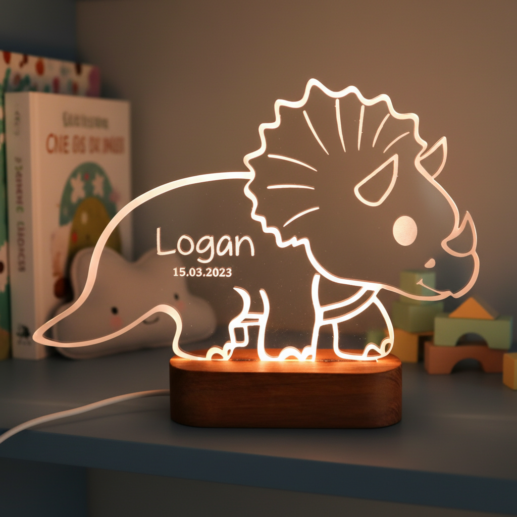 Lampe veilleuse dinosaure tricératops en acrylique avec socle en bois, lumière LED chaleureuse.