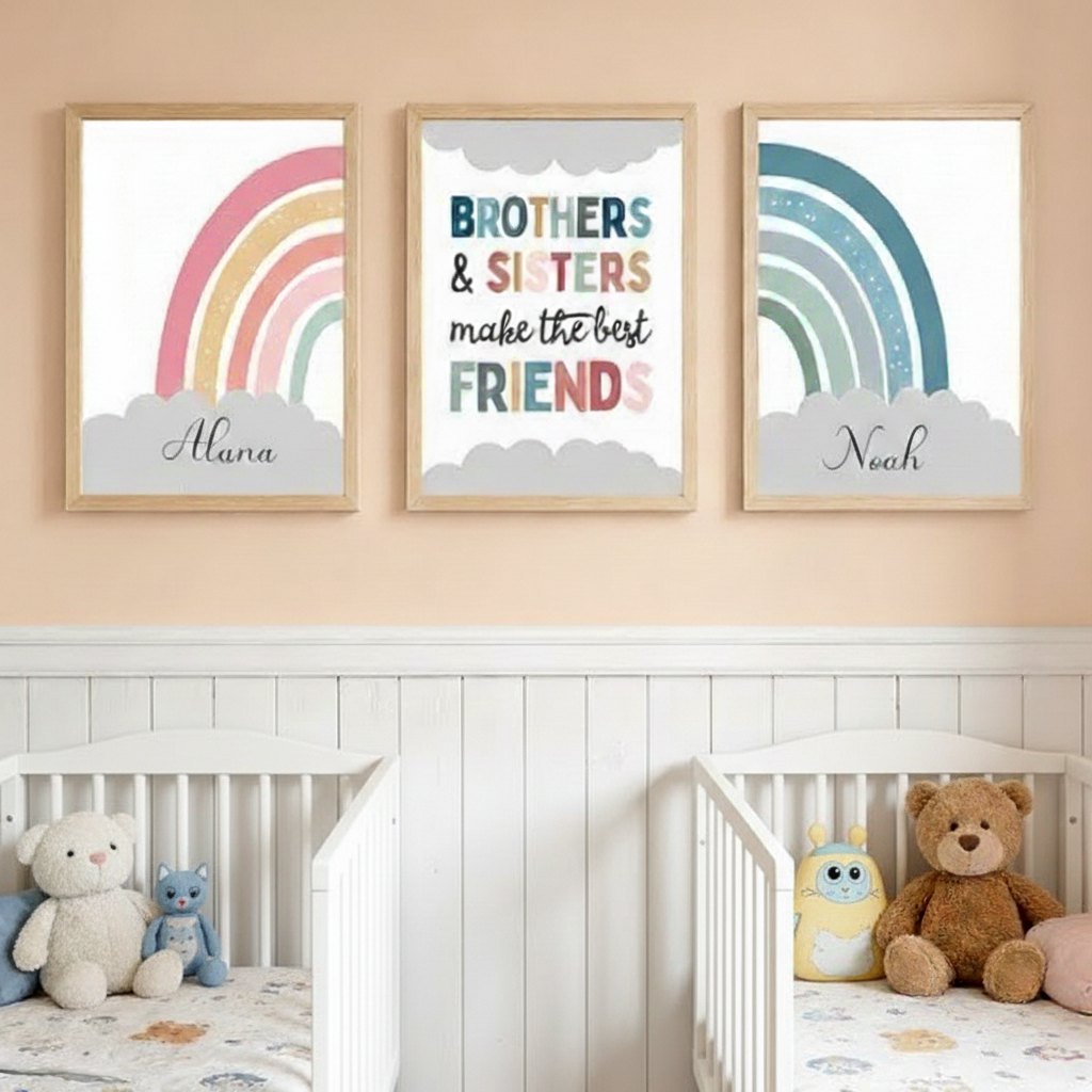 Lot de 3 affiches personnalisées frère sœur arc-en-ciel chambre enfant