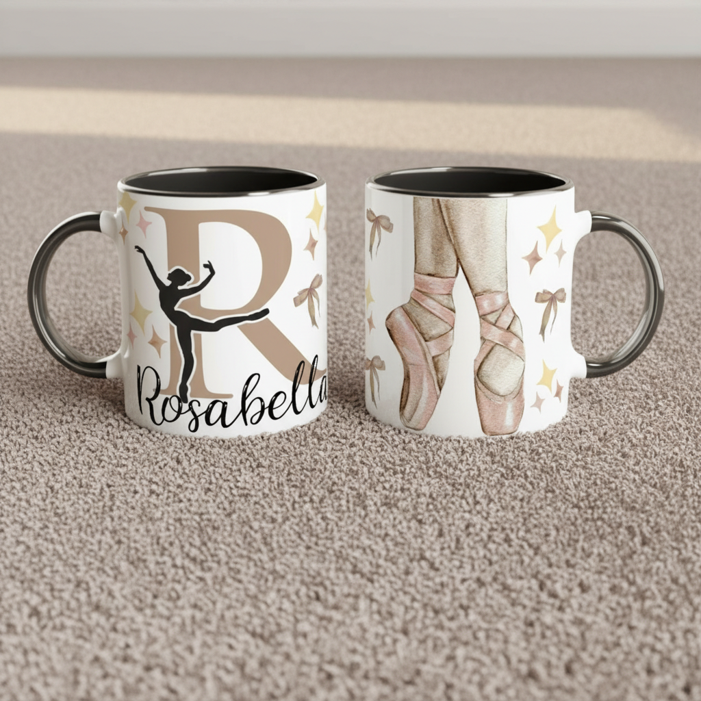 Mug personnalisé thème danse classique avec illustration de chaussons de ballet et éléments décoratifs raffinés, idéal comme cadeau pour passion de danse