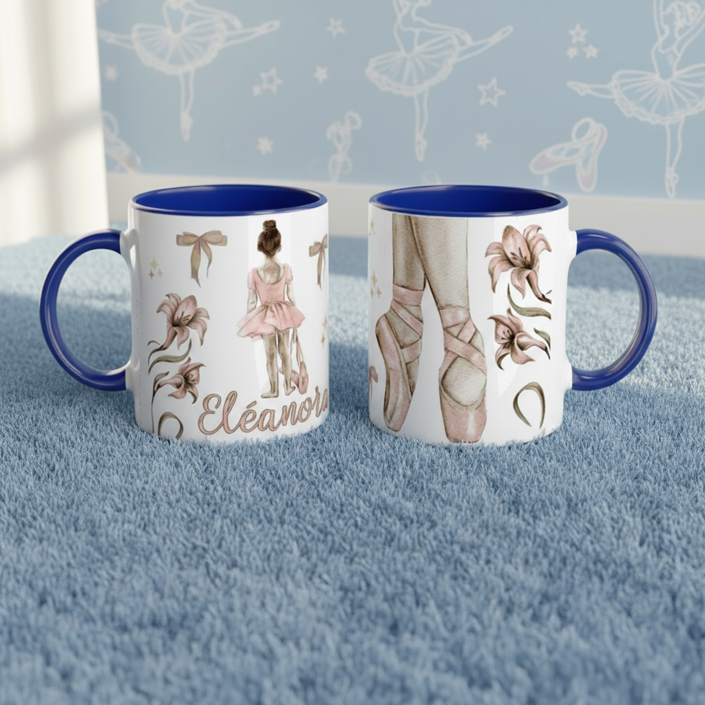 Mug personnalisé thème danse classique avec illustration ballerine et chaussons de danse, tasse décorative idéale pour chambre d’enfant ou cadeau ballet, ambiance douce et élégante