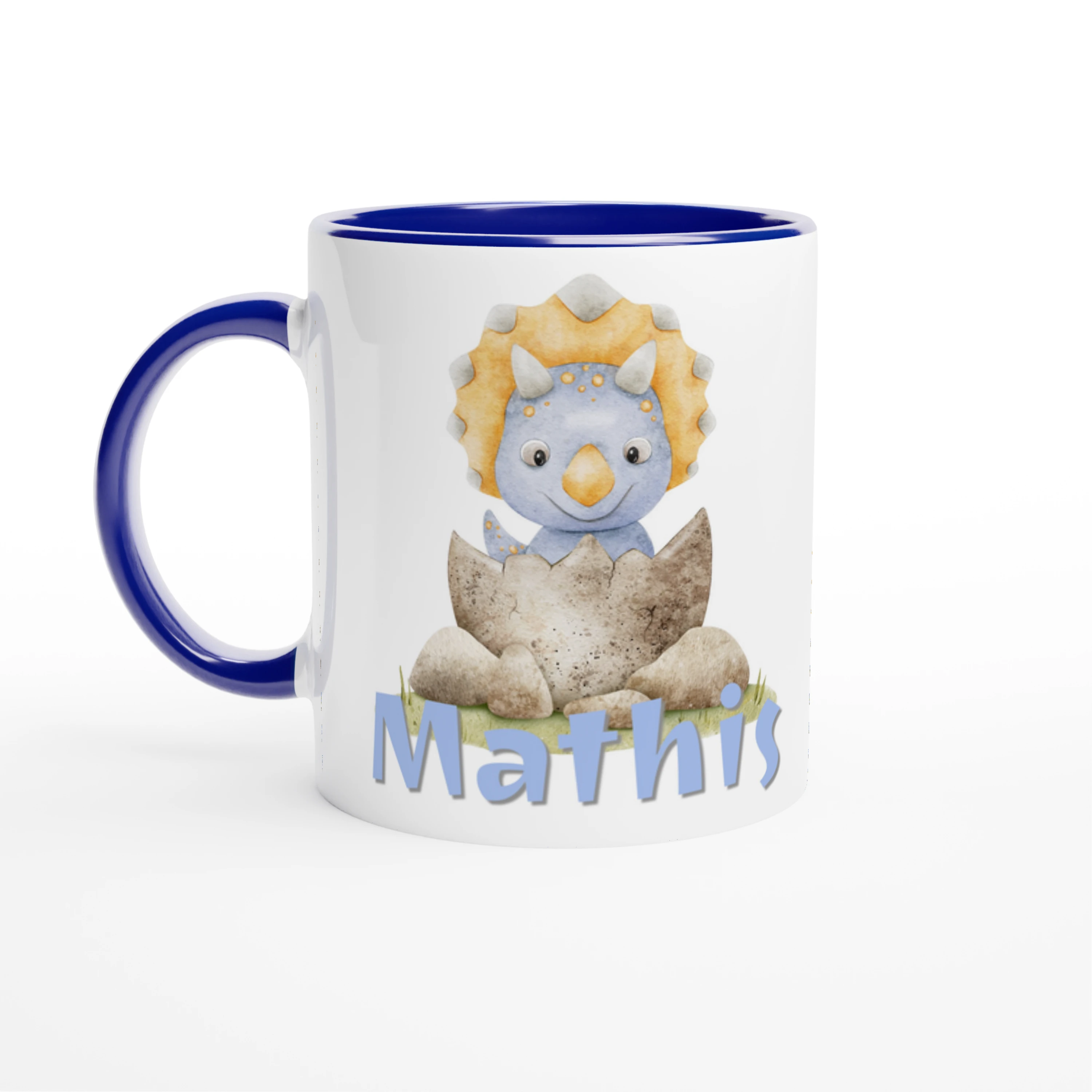 Mug personnalisé avec bébé dinosaure, intérieur bleu, idéal pour enfant.

